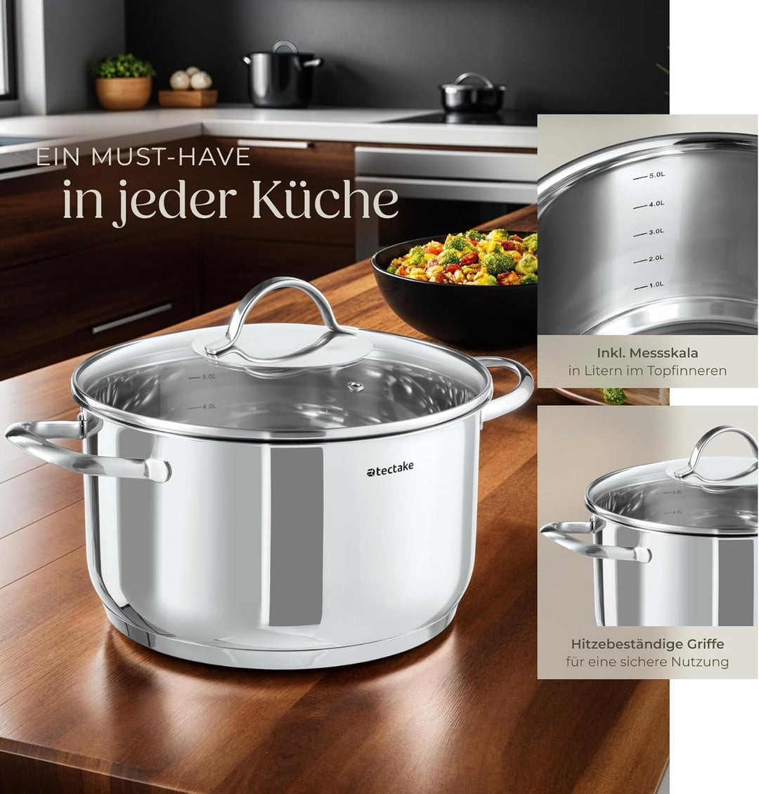 tectake® 7-tlg. Topfset, Edelstahl Kochgeschirr, Töpfe Set mit Deckel, Kochtopf Set für Induktionsko