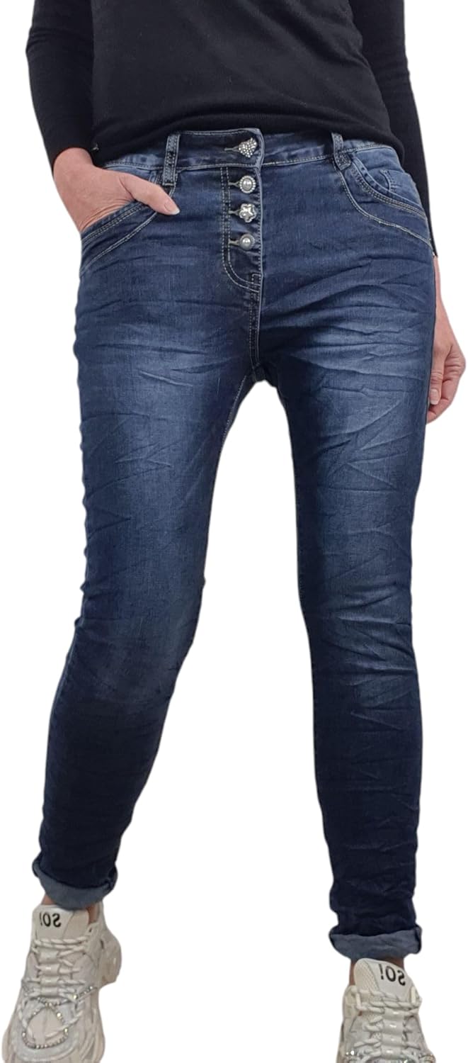 Jewelly Damen Boyfriend Stretch Jeans| Denim Hose für Frauen| 5-Pocket Bagggy Pants S Nice Buttons,