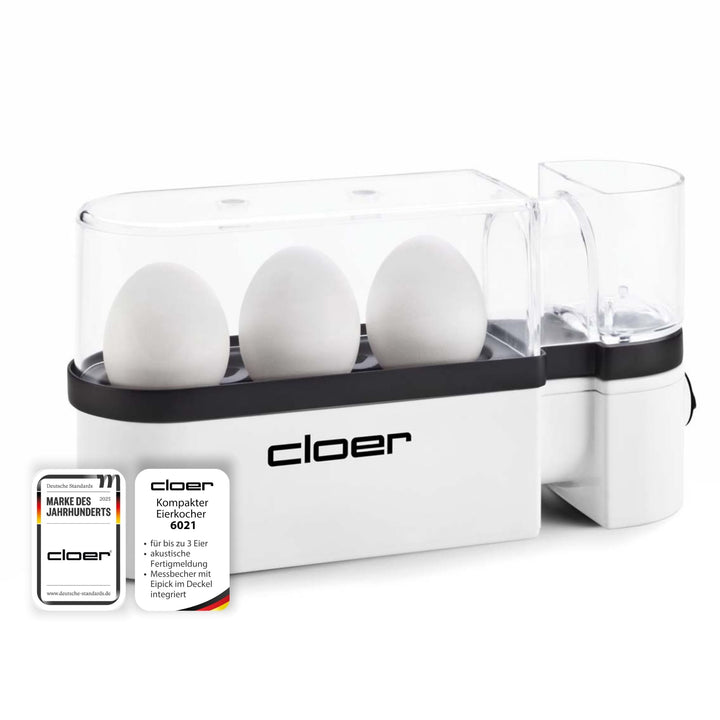 Cloer 6021 Eierkocher, bis zu 3 Eier, herausnehmbarer Eierträger, Servierfunktion, 300 Watt, Kunstst