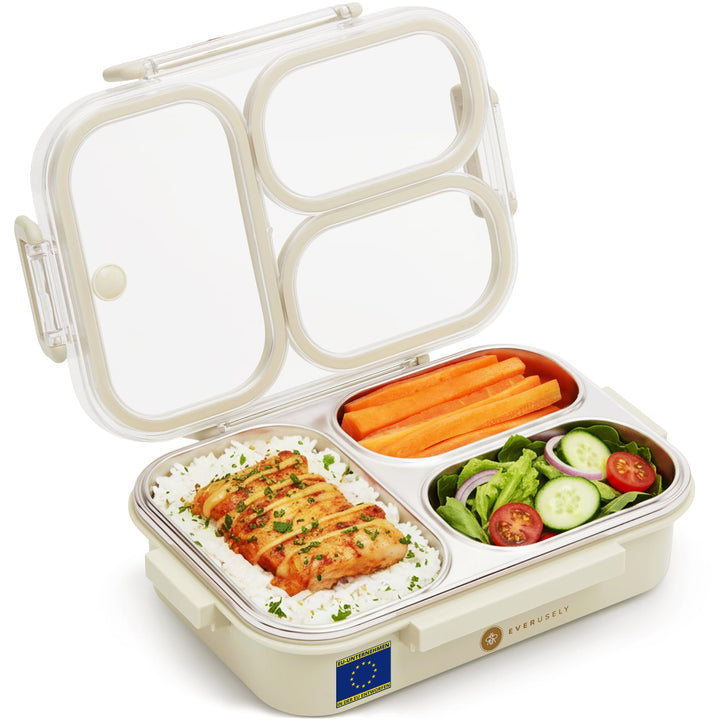 Everusely Edelstahl-Bento-Box/Brotdose – 750 ml – Auslaufsichere Lunchbox aus Metall mit 3 Fäche