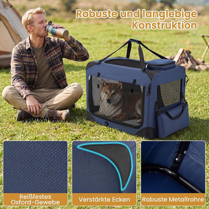 COSTWAY Hundebox Auto, Transportbox Hund faltbar (L-83,5 x 58 x 58 cm,Blau) | Hundetransportbox mit