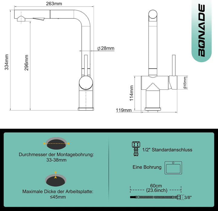 BONADE Wasserhahn Küche Ausziehbar, Hochdruck Küchenarmatur mit Brause 2 Strahlarten, 360° Drehbare