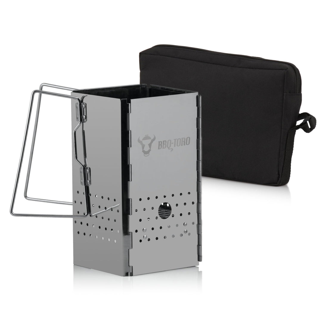BBQ-Toro klappbarer Edelstahl Anzündkamin mit Griffen | 16 x 16 x 29 cm | Faltbarer Grillkamin mit T
