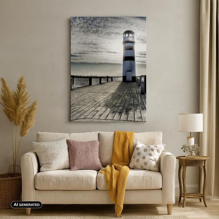 Bilder auf Leinwand 55x100cm Leinwandbild mit Rahmen See Leuchtturm Holzbrücke Wasser Gross Wanddeko