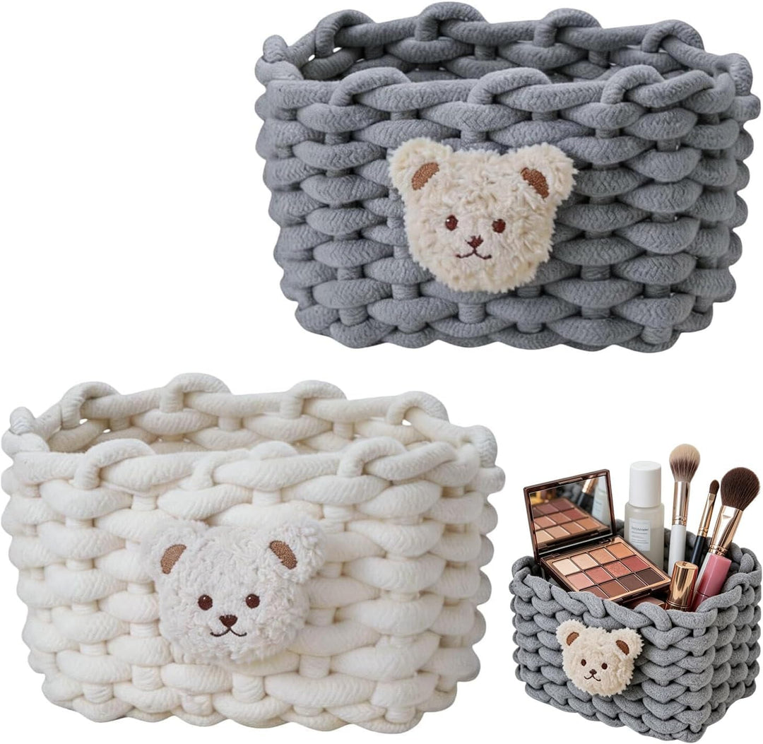 2 Stück Aufbewahrungskorb Geflochten mit Bärenmotiv Baumwolle Strickkorb, Häkelkorb, Klein Organizer