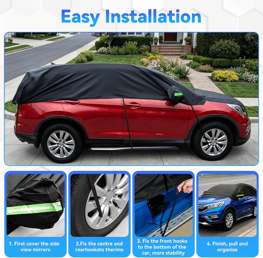 210D Autoabdeckung Wasserdicht Outdoor Halbgarage für Auto SUV, Allwetterschutz Autoplane Abdeckplan