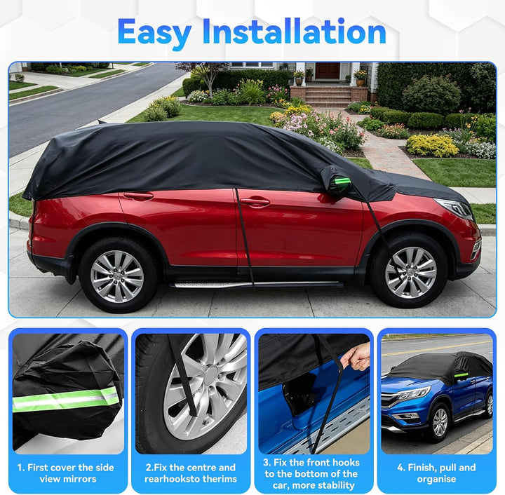 210D Autoabdeckung Wasserdicht Outdoor Halbgarage für Auto SUV, Allwetterschutz Autoplane Abdeckplan