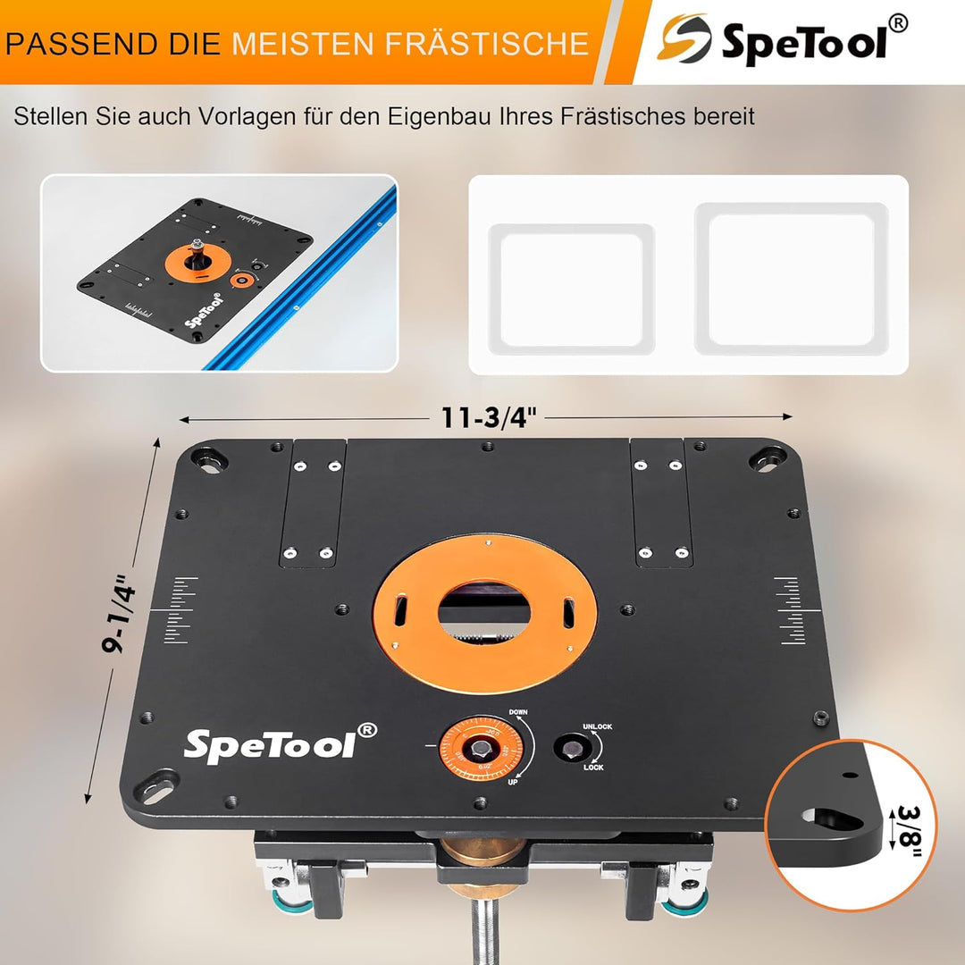 SpeTool Fräslift für Oberfräsen mit 65mm-107mm Durchmesser, oberfräsenlift aus Aluminium mit DIY-Sch