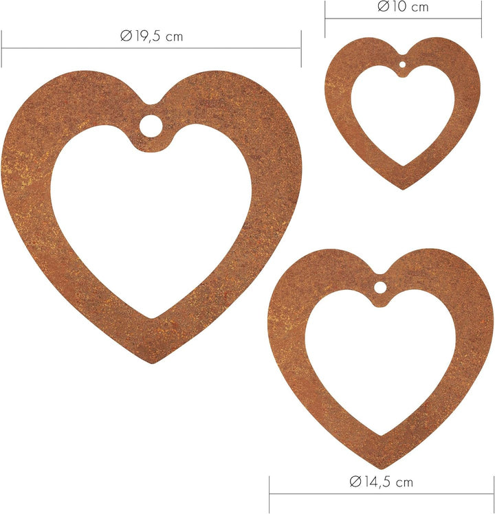 EXTRAVAGANT® 3er Set Herzen Hänger gross Gartendekoration Fensterdeko Türschild Rostdeko Outdoor Met