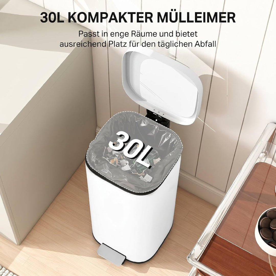 HOMCOM 30L Küchenmülleimer mit Deckel Pedaleimer Weiss, Weiss