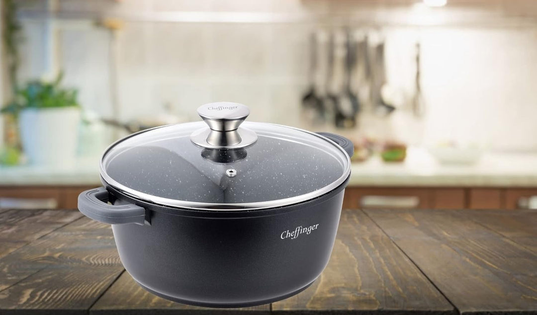 Cheffinger Kochtopf Aluguss Induktion Ø24cm Suppentopf Pfanne Topf Deckel Brattopf Schwarz, CF-DC24