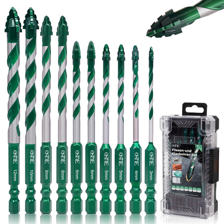 Glasbohrer Set 10 tlg, Vierschneidiger Sägezahn Exzenterbohrer mit Kobalt, Steinbohrer Set 3-12mm,6.