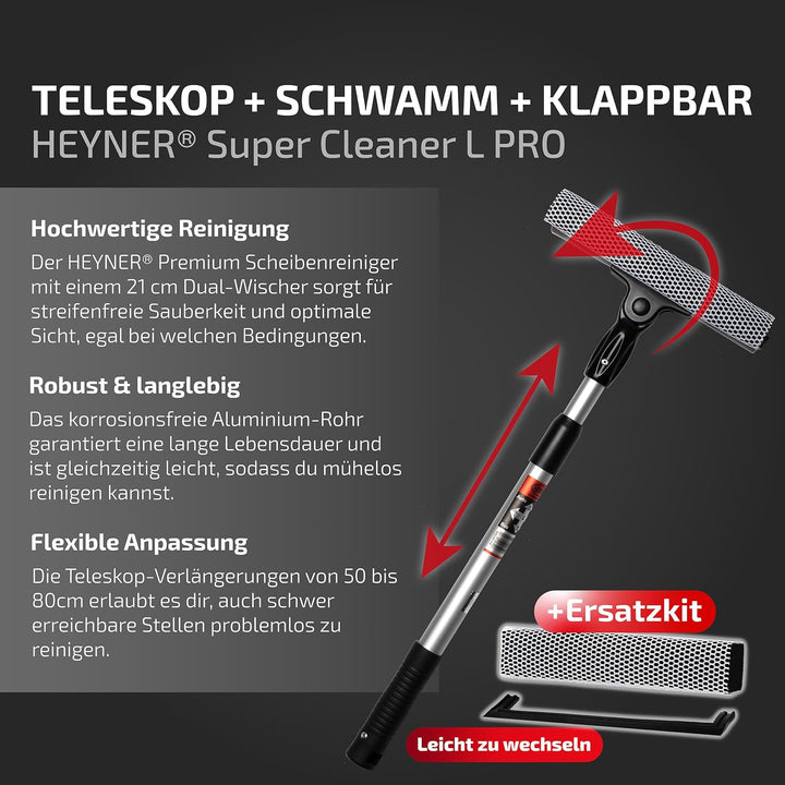 HEYNER® Scheibenreiniger Set I Super Cleaner L PRO mit Teleskopgriff + Ersatzkit I Auto Reinigungs-B