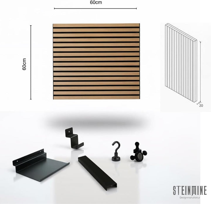Steinmine - Designmanufaktur Wandorganizer (60 x 60 cm) - Akustikpaneel mit Eichenholzlamellen - ink