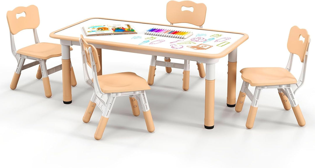 LIFEZEAL Kindertisch mit 4 Stühlen, Höhenverstellbare Kindertischgruppe, Plastik Kindermöbel für Kin