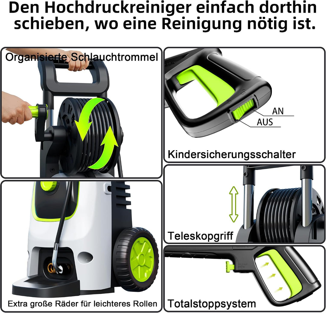LANCHEZ Hochdruckreiniger 600 l/h 200bar, 7-in-1-Zubehör Kit 500ml Schaumsprüher, Schnellkupplungen,