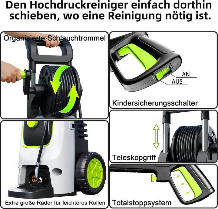 LANCHEZ Hochdruckreiniger 600 l/h 200bar, 7-in-1-Zubehör Kit 500ml Schaumsprüher, Schnellkupplungen,