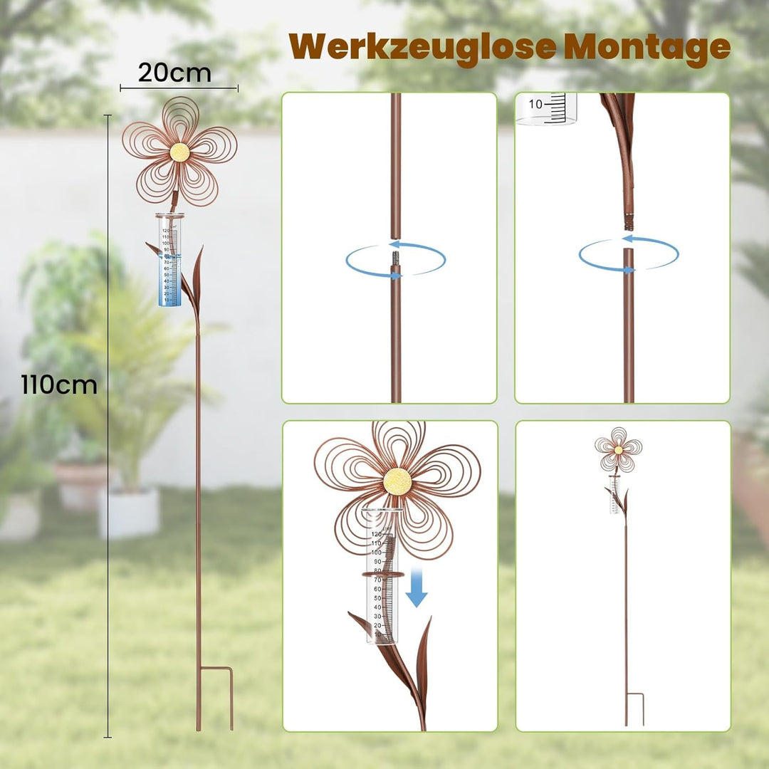 Regenmesser für Garten 115 cm, Frostsicher Niederschlagsmesser in Rostoptik zur Messung der Regenmen