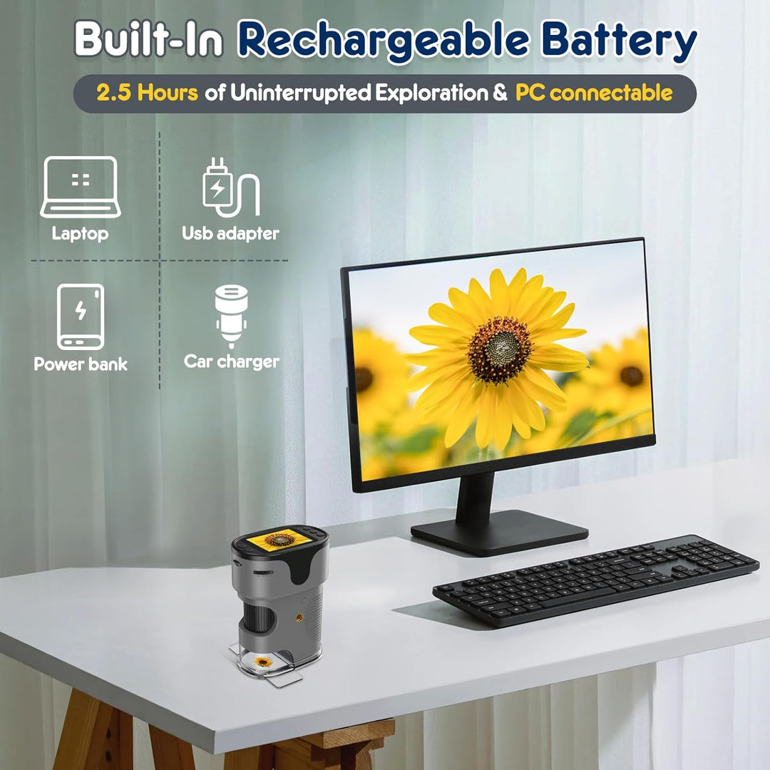 Handmikroskop für Kinder, 4 K, 5,1 cm (2 Zoll) Display, wiederaufladbar, Mini-Taschen-Mikroskope mit