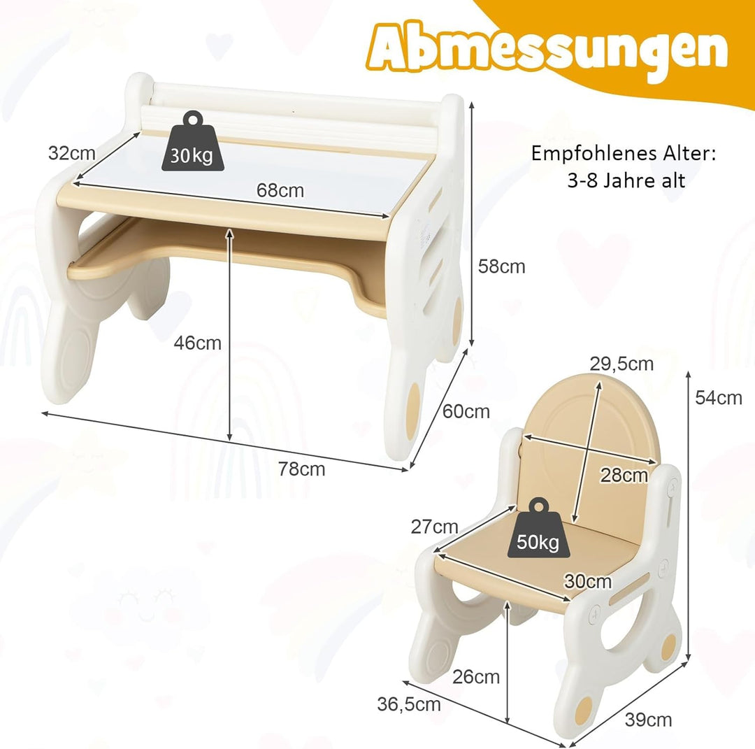 FANTASK Kinder Sitzgruppe mit höhen- und neigungsverstellbarer Tischplatte, Tisch mit Hocker, zum Ze