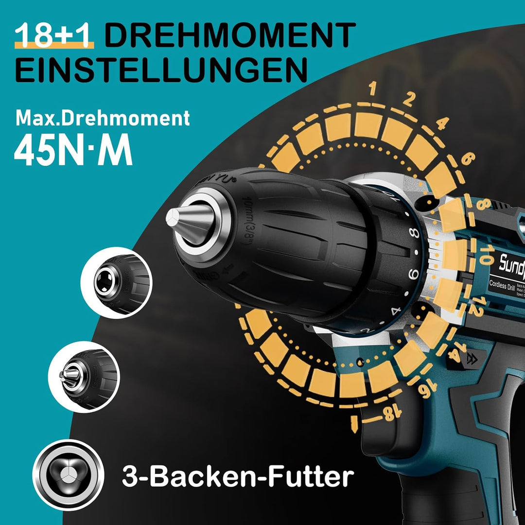 Sundpey Akkuschrauber 21V Akku Bohrmaschine - Akku Bohrschrauber mit 2x2000mAh Akku, 45 N.m Max, 2-G