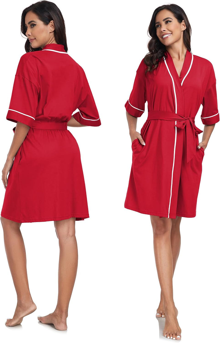 COLORFULLEAF 100% Baumwolle Bademantel Damen Kurz Morgenmantel Leicht Knielang Kimono Saunamantel Na