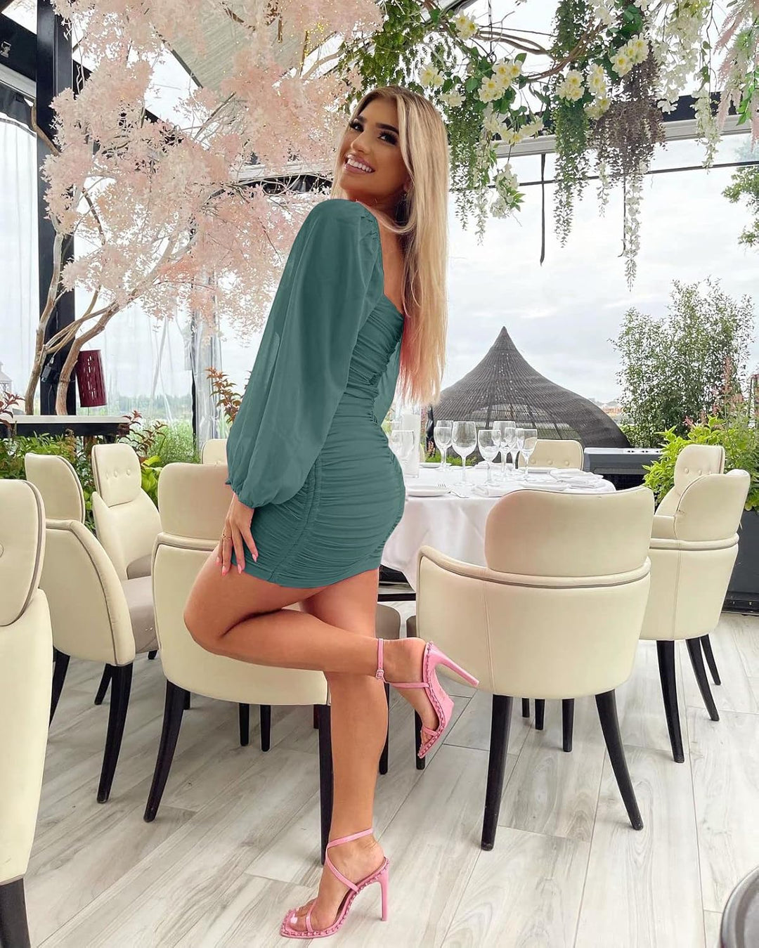 Wenrine Damen Kleider Party Cocktail Club Bodycon Kleid Hochzeitsgast Mesh Langarm Square Neck Minik