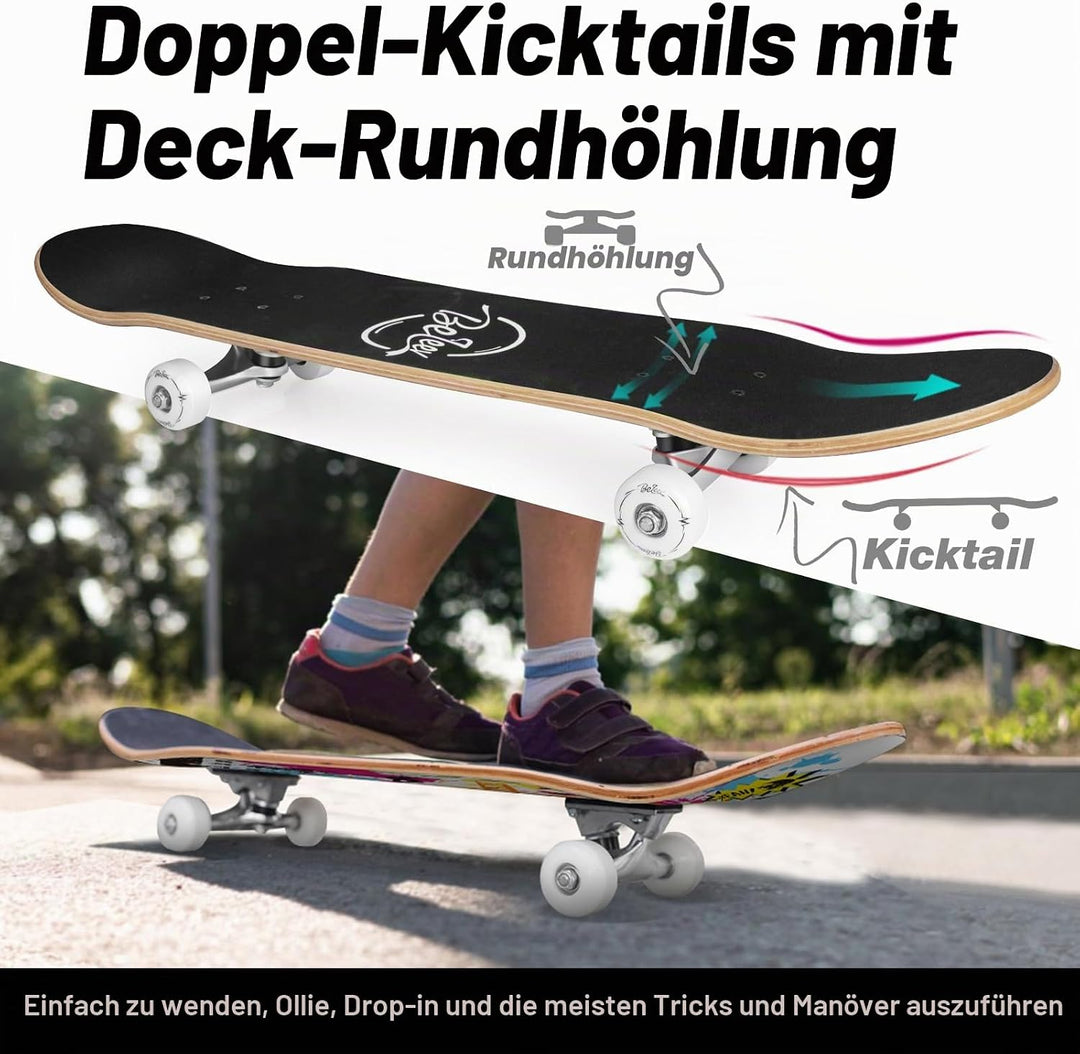 BELEEV Skateboard 31x8 Zoll Komplette Cruiser Skateboard für Kinder Jugendliche Erwachsene, 7-Lagige