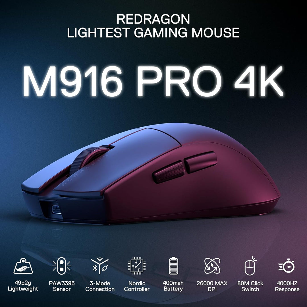 Redragon M916 PRO 3-Modus Wireless Gaming Maus, Hyperschnelle 4K Polling Rate, 49G Ultra-Leicht 26K