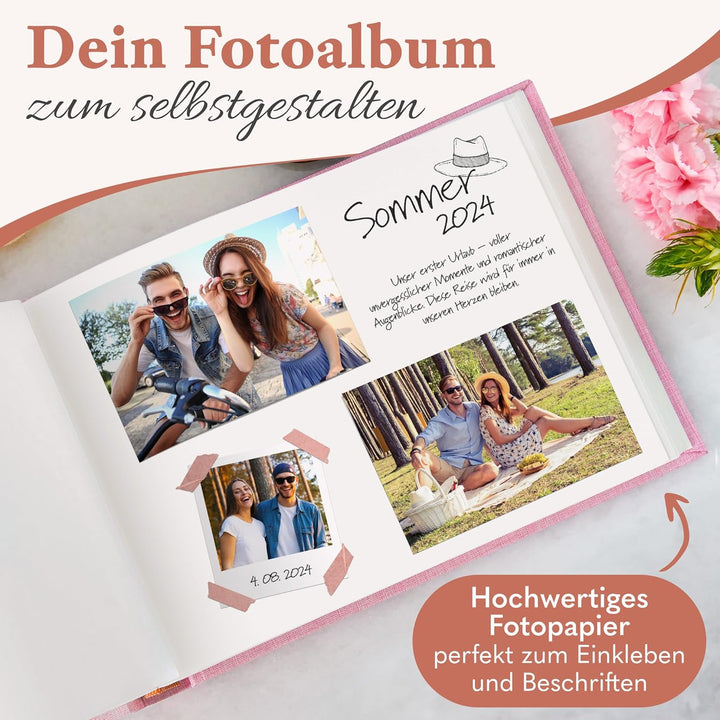 Fotoalbum zum Einkleben - Platz für 150 Fotos - echtes Leinen - Fotobuch 21 x 28 cm in Rosa - 50 wei