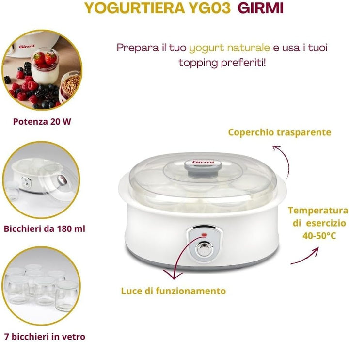 Girmi YG03 Joghurtbereiter, Betriebstemperatur 42–50°C, 7 Glasbehälter à 180ml, Transparenter Deckel