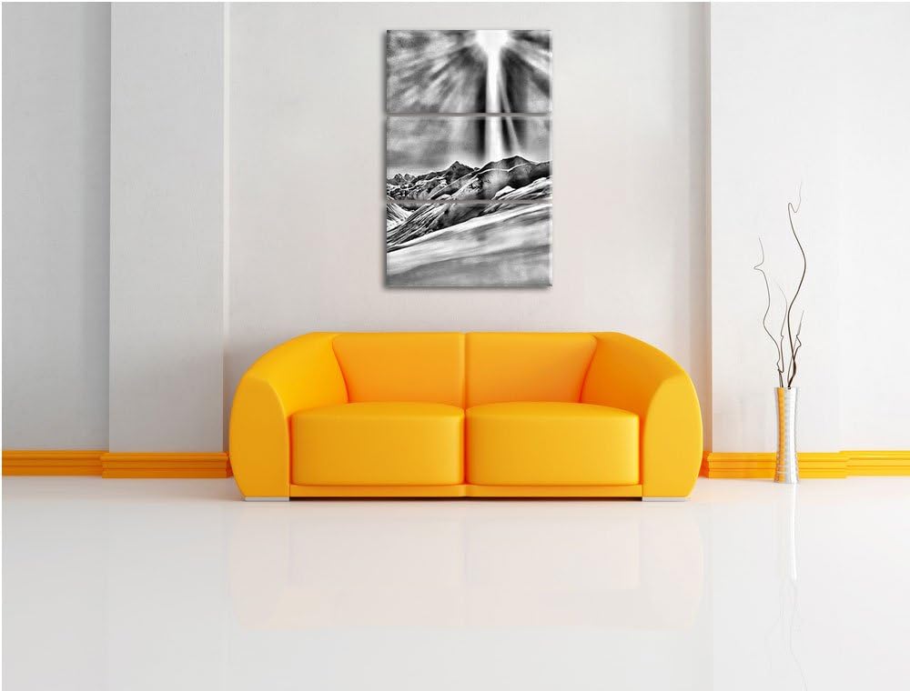 Pixxprint Monocrome, Schnee Berge 3-Teiler Leinwandbild 120x80 Bild auf Leinwand