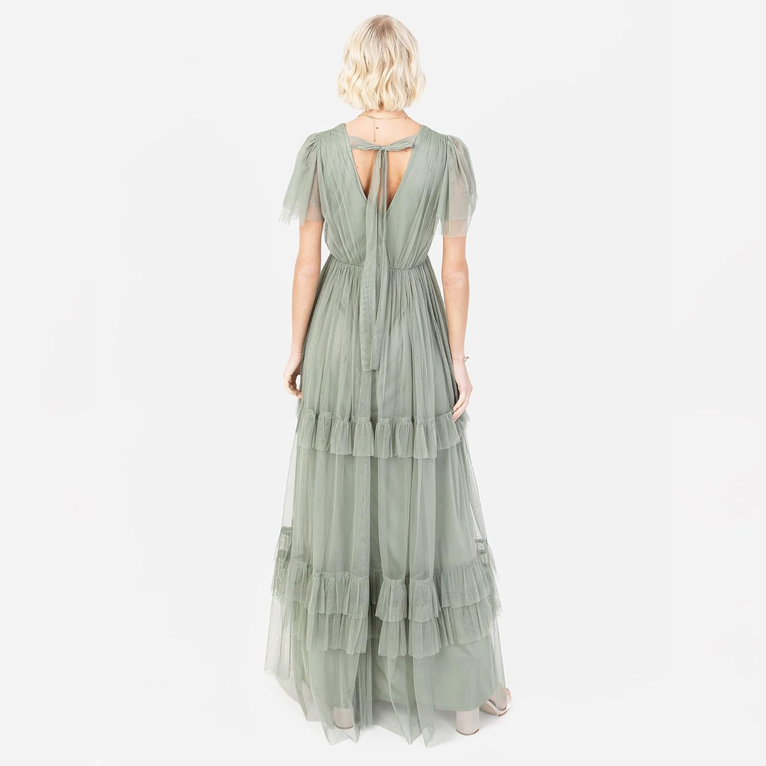 Anaya with Love Damen Ladies Maxi Dress for Women Short Sleeve Evening Ball Gown Tiered V Neck Bow T