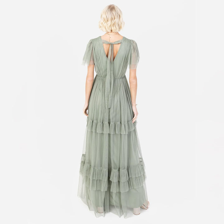 Anaya with Love Damen Ladies Maxi Dress for Women Short Sleeve Evening Ball Gown Tiered V Neck Bow T