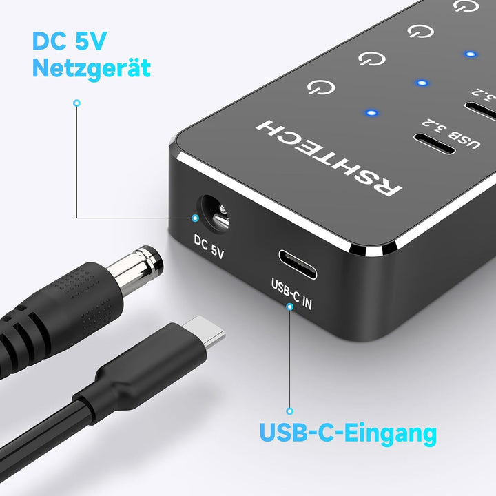 RSHTECH 7 Port USB C 3.2 Hub Aktiv mit Netzteil - USB 3.1 Gen2 Hub mit 3 * 10Gbps Ports (Type-A, 2*T
