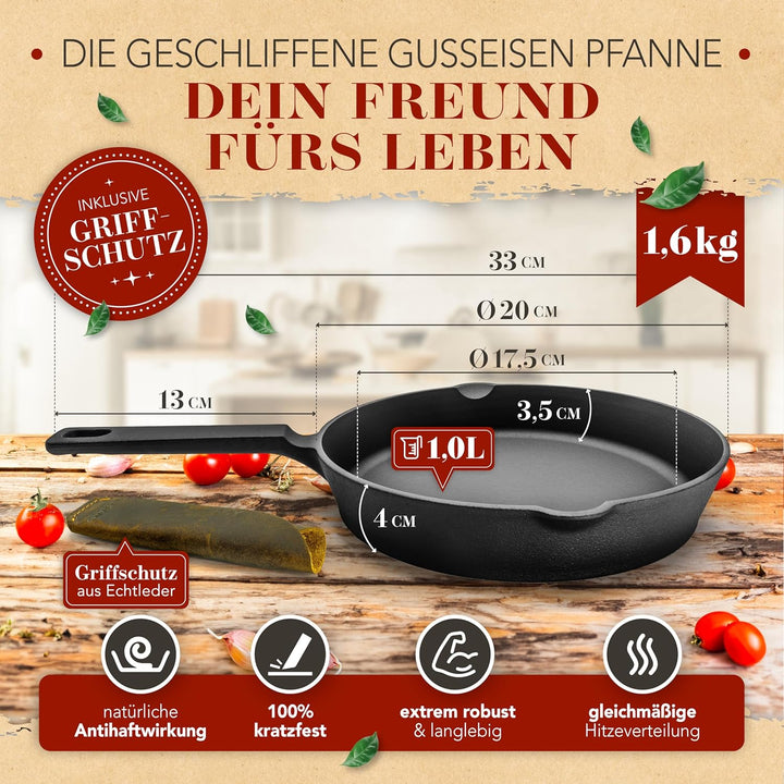 KRUSTENZAUBER Gusseisenpfanne Induktion 20cm inkl. Anleitung und Rezeptbuch - Geschliffene Pfanne Gu