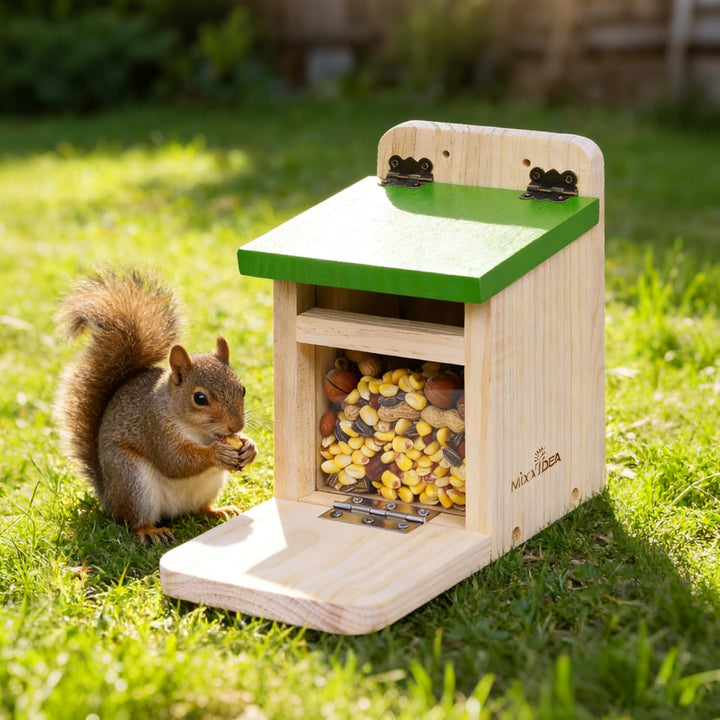 MIXXIDEA Eichhörnchen-Futterspender für den Aussenbereich, Holz, Eichhörnchen-Futterstation mit grün