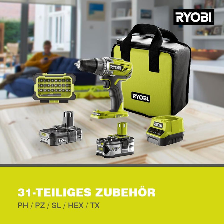 Ryobi, Akku-Bohrschrauber, 18 V, ONE+, 2 Geschwindigkeitsstufen, 50 Nm, Bohrfutter 13 mm, LED, 2 Akk