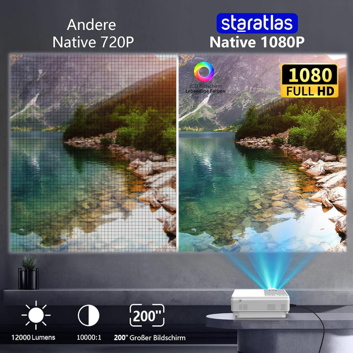 Staratlas, 5G WiFi Bluetooth Beamer Full HD,12000 Lumen Native 1080P, 4K Heimkino Video Beamer 300''
