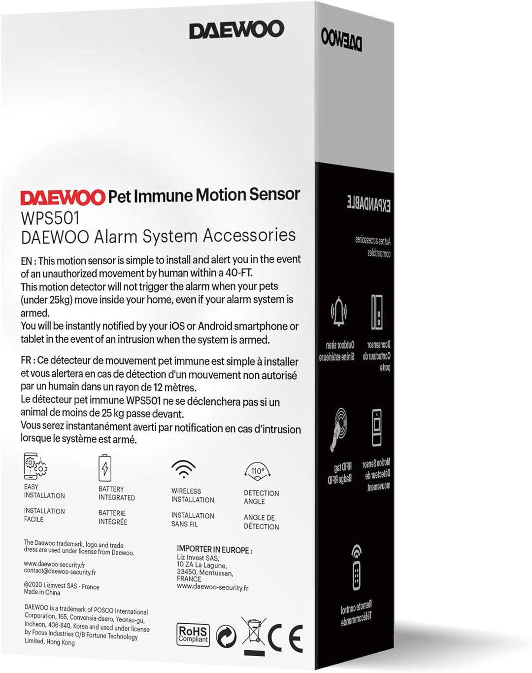 DAEWOO Pet Immun Wireless Bewegungsmelder, kompatibel mit Tieren, WPS501 für DAEWOO SA501 Alarme, 86