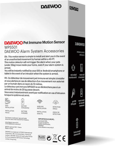 DAEWOO Pet Immun Wireless Bewegungsmelder, kompatibel mit Tieren, WPS501 für DAEWOO SA501 Alarme, 86