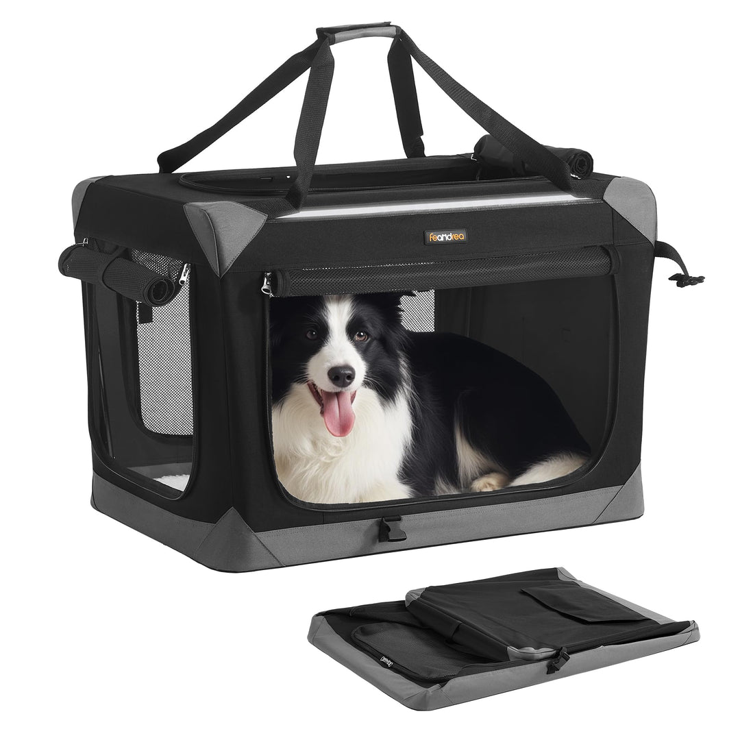 Feandrea Hundebox faltbar, Transportbox, Hundetasche, Oxford-Gewebe, mit 4 Türen aus Netzstoff, Grif