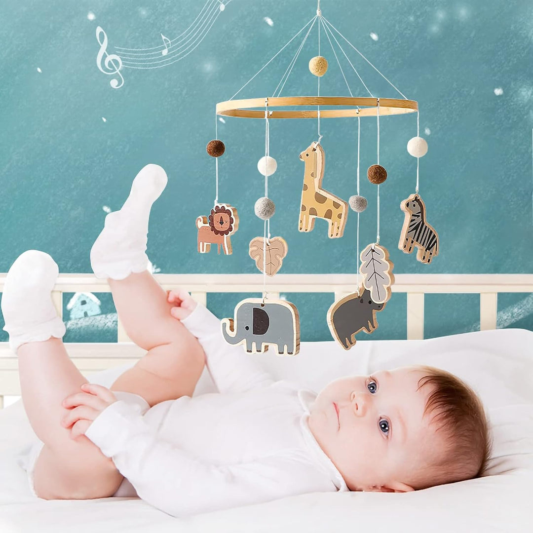 Baby Mobile Baby Windspiele, Babybett Mobile Holz mit Filzbällen Giraffe Löwe Tiere, Hängende Bettgl