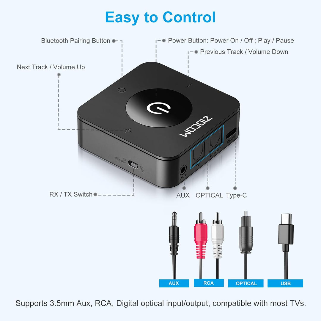 ZIOCOM Bluetooth Adapter Stereoanlage,Bluetooth Sender Empfänger 5.0 Audio Adapter für TV/PC/MP3/Hei