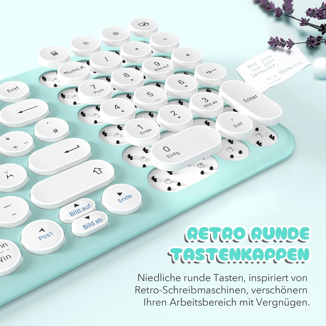 XTREMTEC kabellose Tastatur und Maus,Retro runde Schreibmaschine Tastatur,Slim Funktastatur leise Se