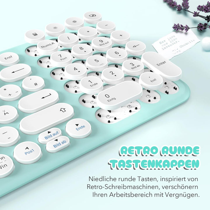XTREMTEC kabellose Tastatur und Maus,Retro runde Schreibmaschine Tastatur,Slim Funktastatur leise Se