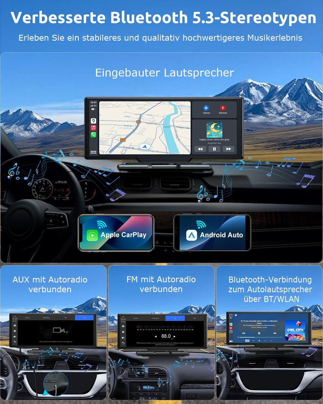 ESSGOO A-pple CarPlay & Android Auto,10.26 Zoll IPS Carplay Display,mit 4K-Dashcam,1080P-Rückfahrkam