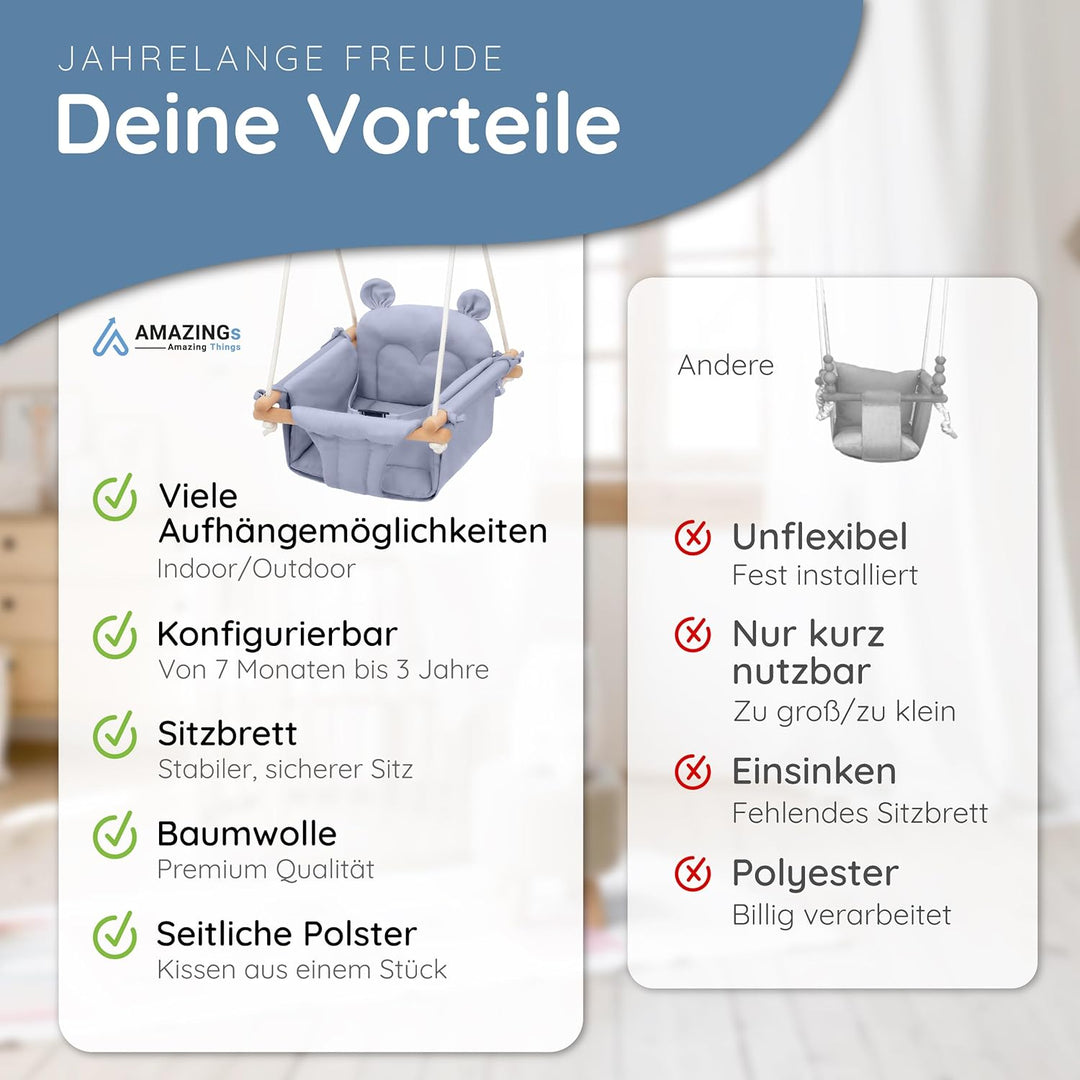 AMAZINGs Baby und Kinderschaukel | Mitwachsende Babyschaukel. Komplettset mit Aufhängung für Indoor