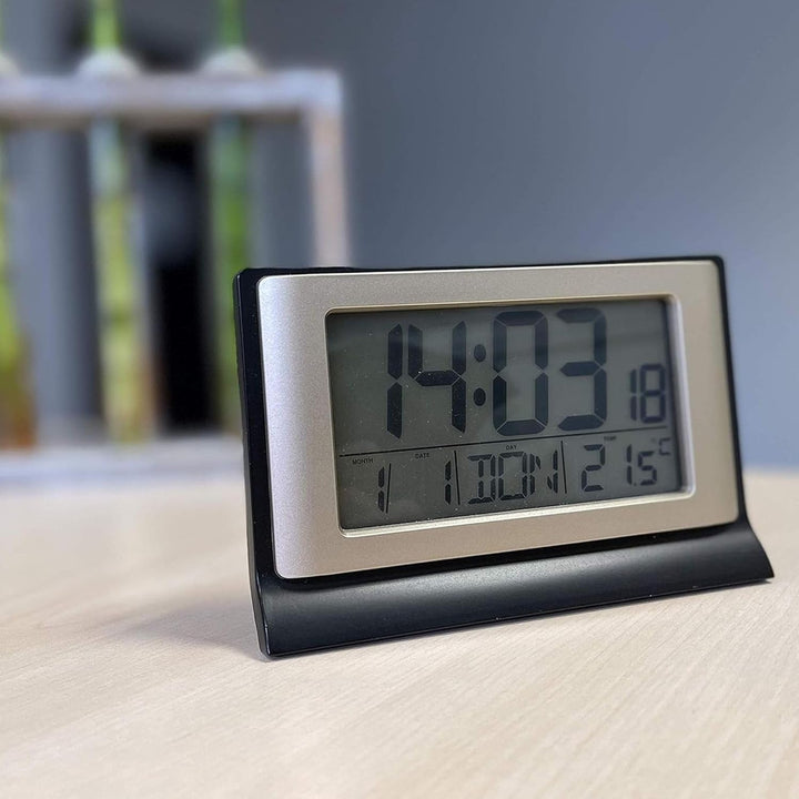 FICHTEC - Digitaler Wecker 13cm Funkgesteuerter Wecker - LCD-Bildschirm mit Blauer Hintergrundbeleuc