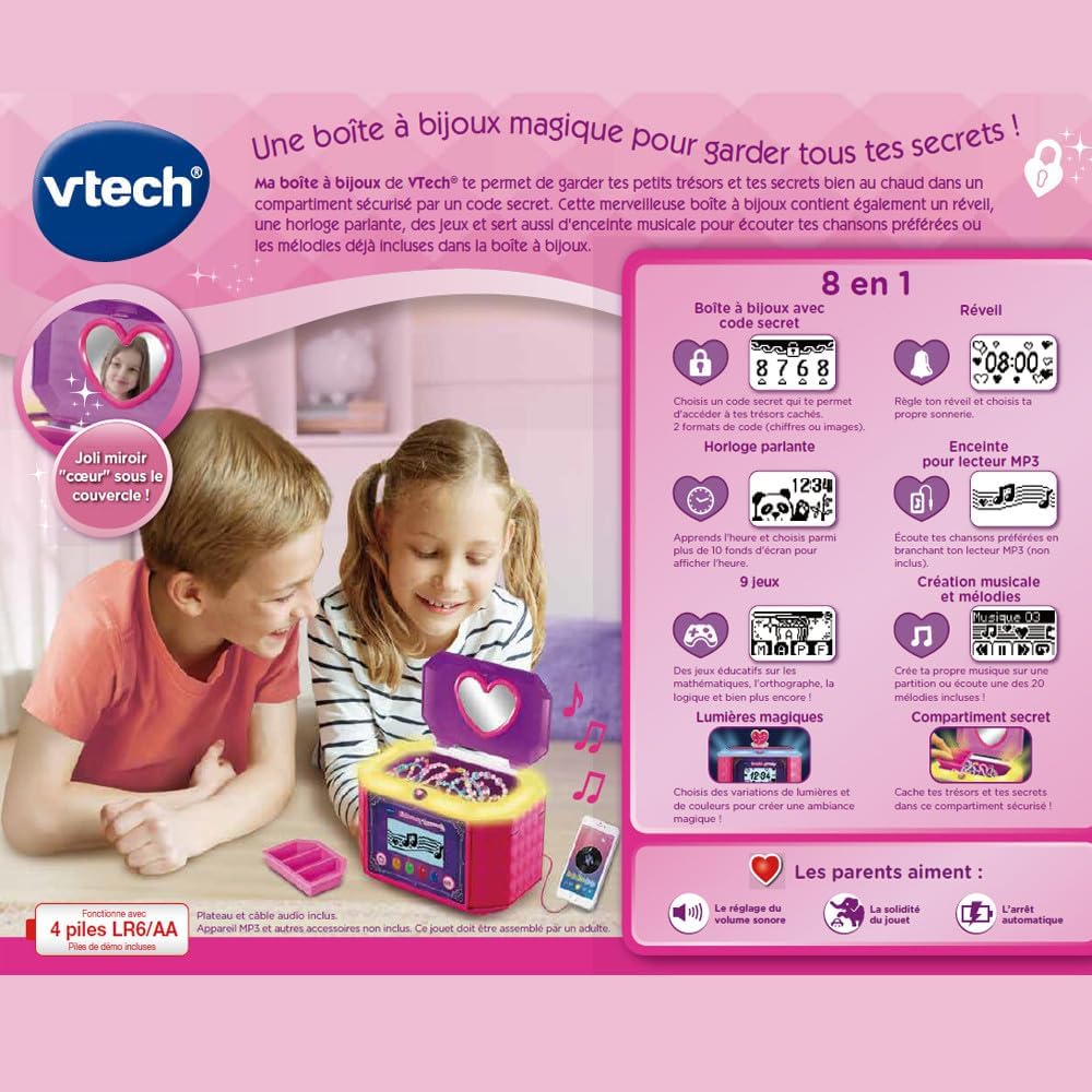 VTech - KidiSecrets, Meine Schmuckschatulle in Rosa, 8 in 1 mit Code, Lautsprecher, 9 Spiele, elektr